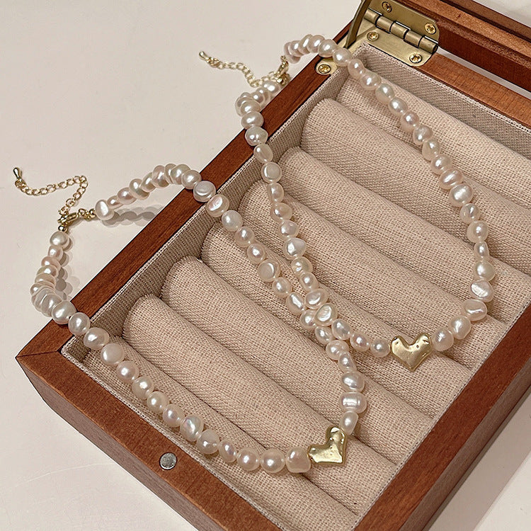 Liuvelle Baroque Pearl Necklace with Matte Gold Heart Pendant