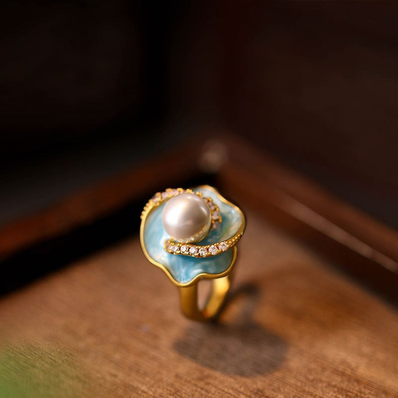 Mint Manbo Enamel Pearl Adjustable Ring – Classic Light Luxury High-End Jewelry for Women