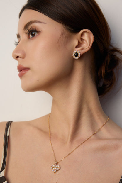 S925 Silver Designer Black Onyx & Faux Pearl Earrings