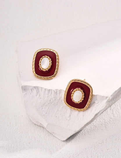 S925 Silver Enamel Shell Earrings - Minimalist Design red