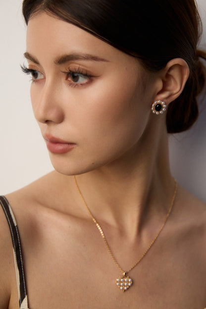 S925 Silver Designer Black Onyx & Faux Pearl Earrings