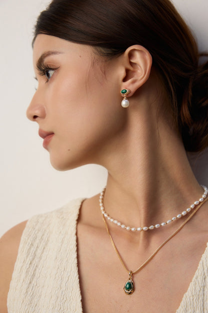 S925 Silver Natural Pearl & Malachite Earrings - Minimalist