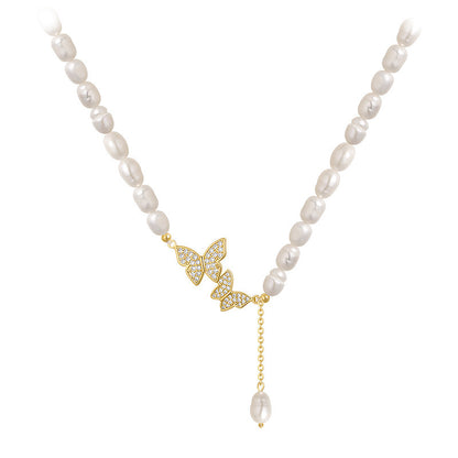Liuvelle Elegant Butterfly Pearl Necklace – Micro-Pavé Zirconia, Freshwater Pearls