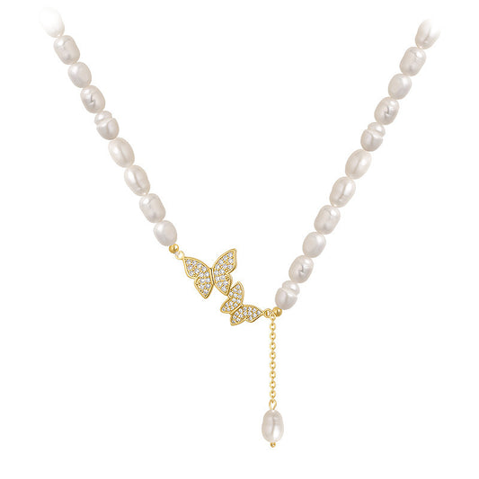 Liuvelle Elegant Butterfly Pearl Necklace – Micro-Pavé Zirconia, Freshwater Pearls