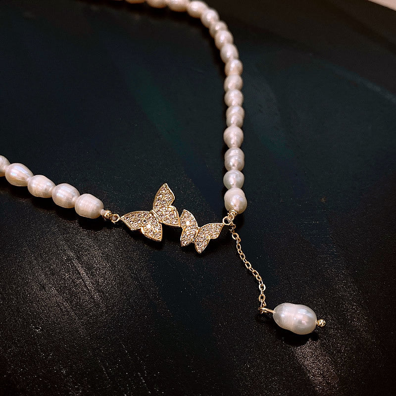 Liuvelle Elegant Butterfly Pearl Necklace – Micro-Pavé Zirconia, Freshwater Pearls