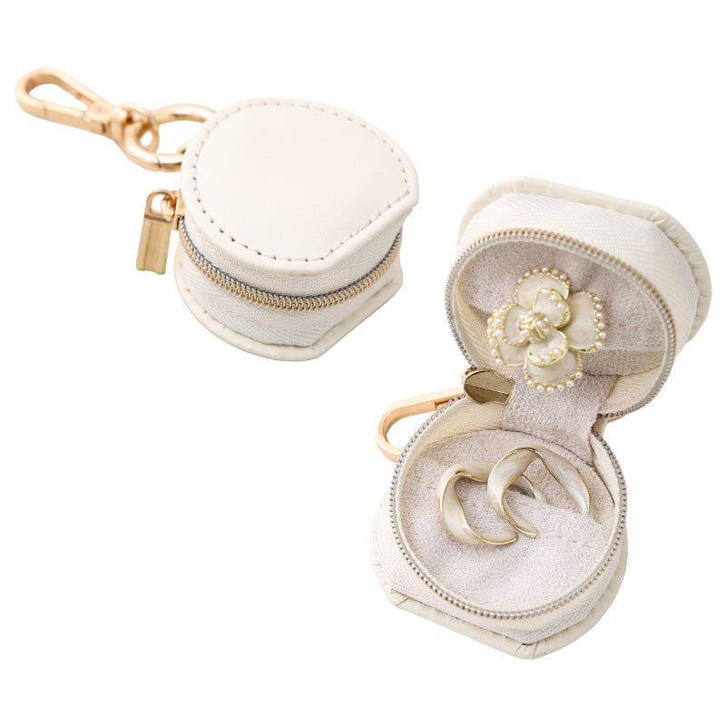 Liuvelle Mini Leather Jewelry Box for Ring Storage and Organizing Semi-circular style-Beige