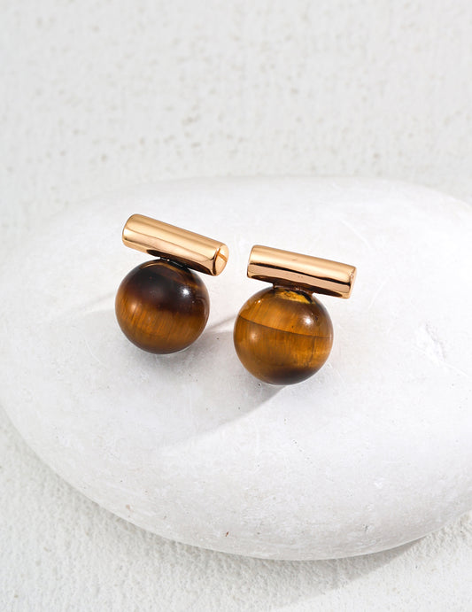 S925 Silver Natural Tiger Eye & Black Onyx Stud Earrings brown