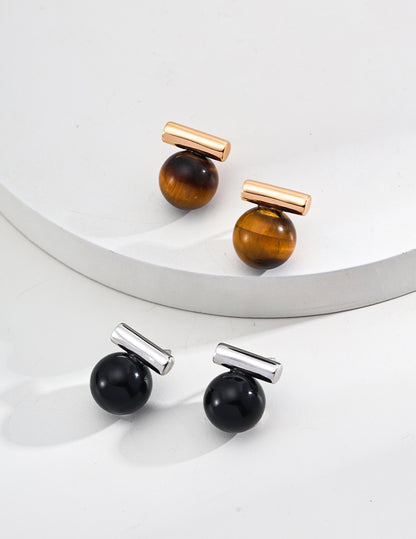 S925 Silver Natural Tiger Eye & Black Onyx Stud Earrings