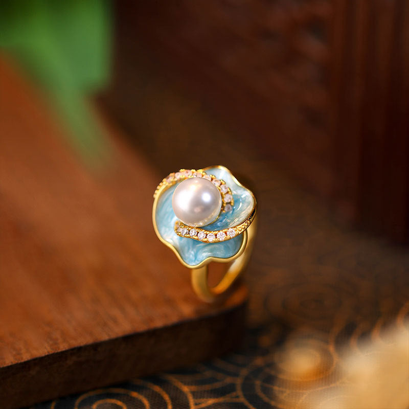 Mint Manbo Enamel Pearl Adjustable Ring – Classic Light Luxury High-End Jewelry for Women