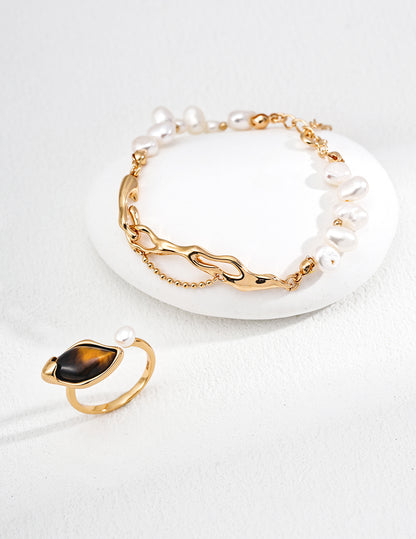 925 Silver Tiger Eye & Pearl Ring - Adjustable