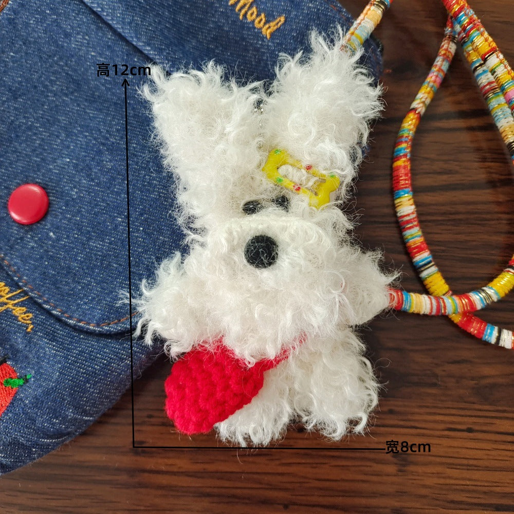 LIUVELLE Scrawled Curly Dog Plush Keychain White backpack