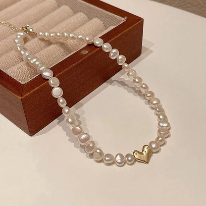 Liuvelle Baroque Pearl Necklace with Matte Gold Heart Pendant