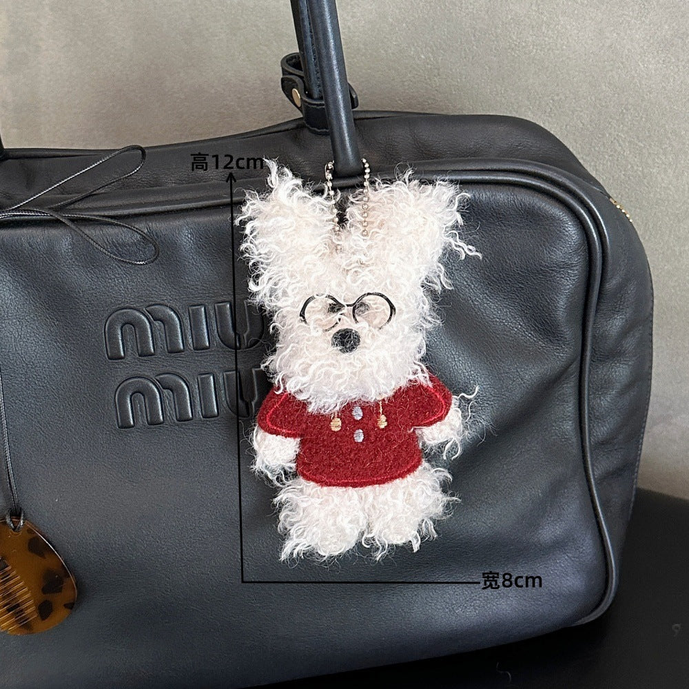 LIUVELLE Scrawled Curly Dog Plush Keychain White Wear clothes