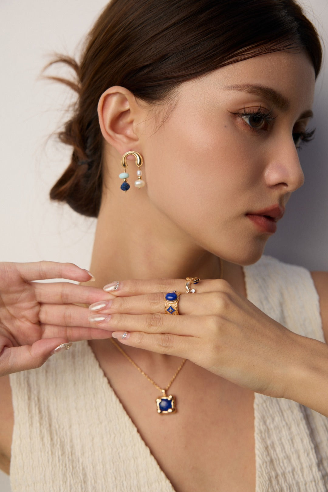 S925 Silver Vintage Blue Enamel Ring - Lapis Lazuli/Mother of Pearl