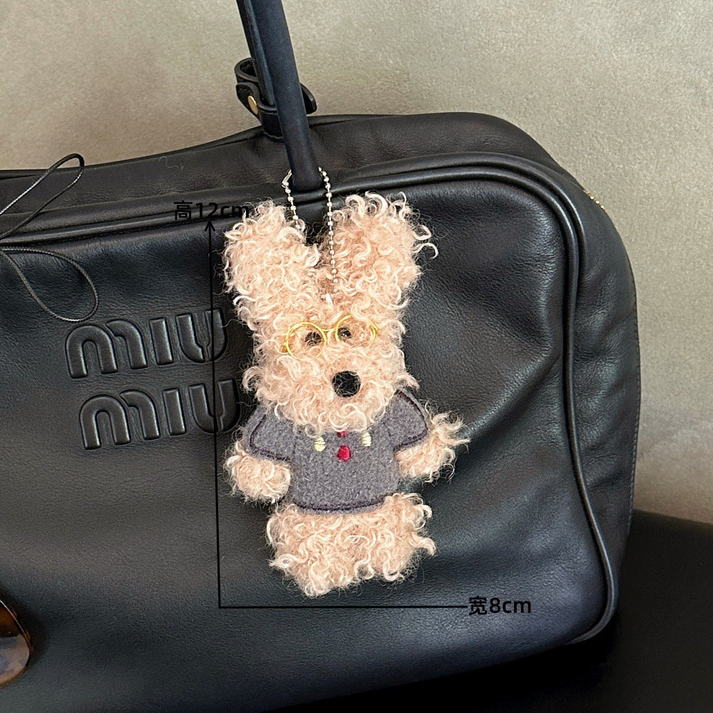 LIUVELLE Scrawled Curly Dog Plush Keychain Brown Wear clothes
