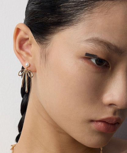 S925 Silver Natural Pearl Bow Earrings - Vintage Style