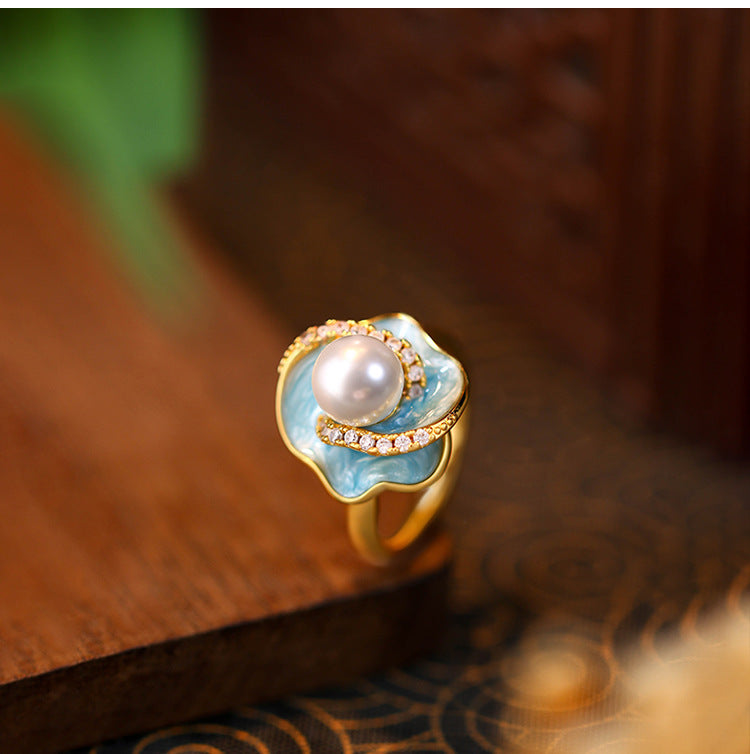 Mint Manbo Enamel Pearl Adjustable Ring – Classic Light Luxury High-End Jewelry for Women