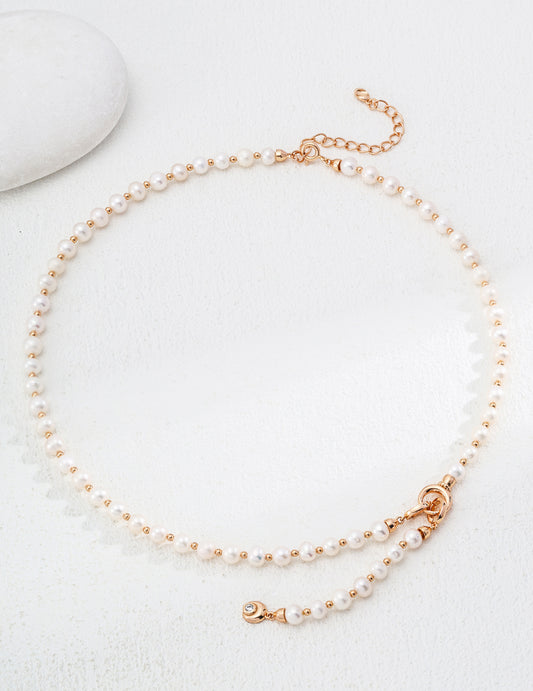 S925 Silver Natural Pearl Necklace - Adjustable Vintage Gold