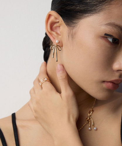 S925 Silver Natural Pearl Bow Earrings - Vintage Style