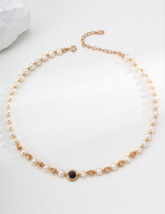 S925 Silver Natural Pearl Tiger Eye Necklace Vintage Gold