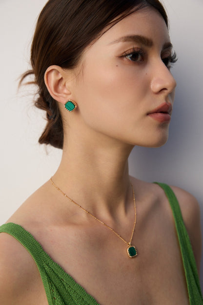 S925 Silver Minimalist Cubic Zirconia & Natural Malachite Earrings