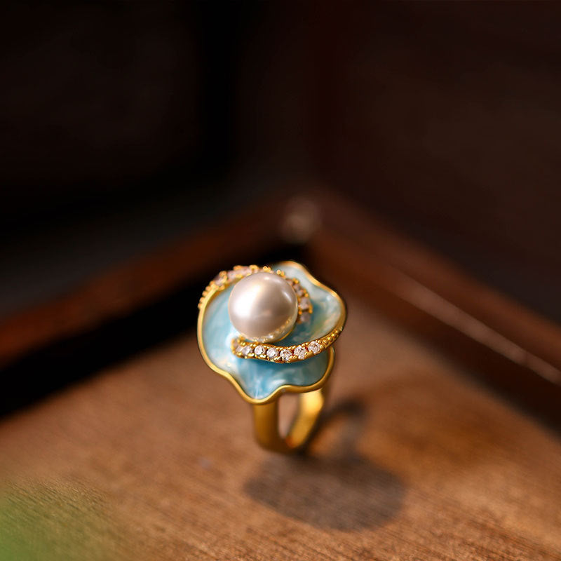 Mint Manbo Enamel Pearl Adjustable Ring – Classic Light Luxury High-End Jewelry for Women