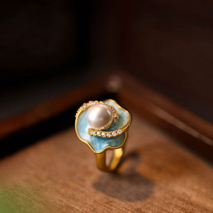 Mint Manbo Enamel Pearl Adjustable Ring – Classic Light Luxury High-End Jewelry for Women