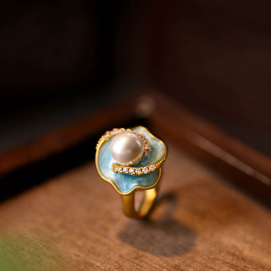 Mint Manbo Enamel Pearl Adjustable Ring – Classic Light Luxury High-End Jewelry for Women