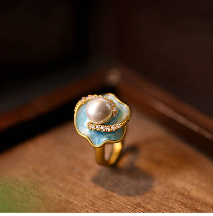 Mint Manbo Enamel Pearl Adjustable Ring – Classic Light Luxury High-End Jewelry for Women
