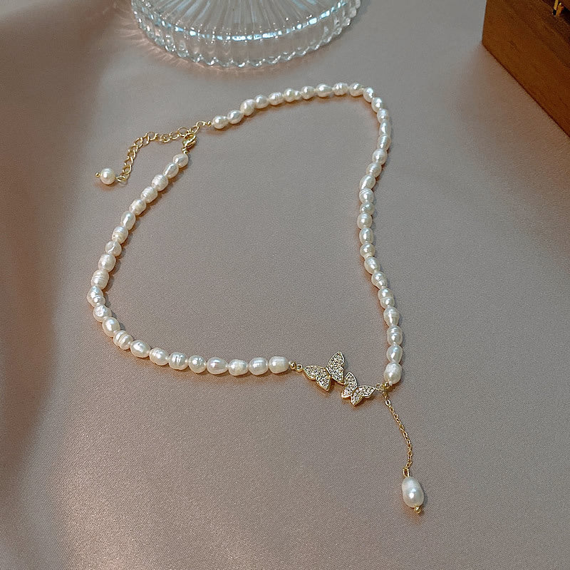Liuvelle Elegant Butterfly Pearl Necklace – Micro-Pavé Zirconia, Freshwater Pearls