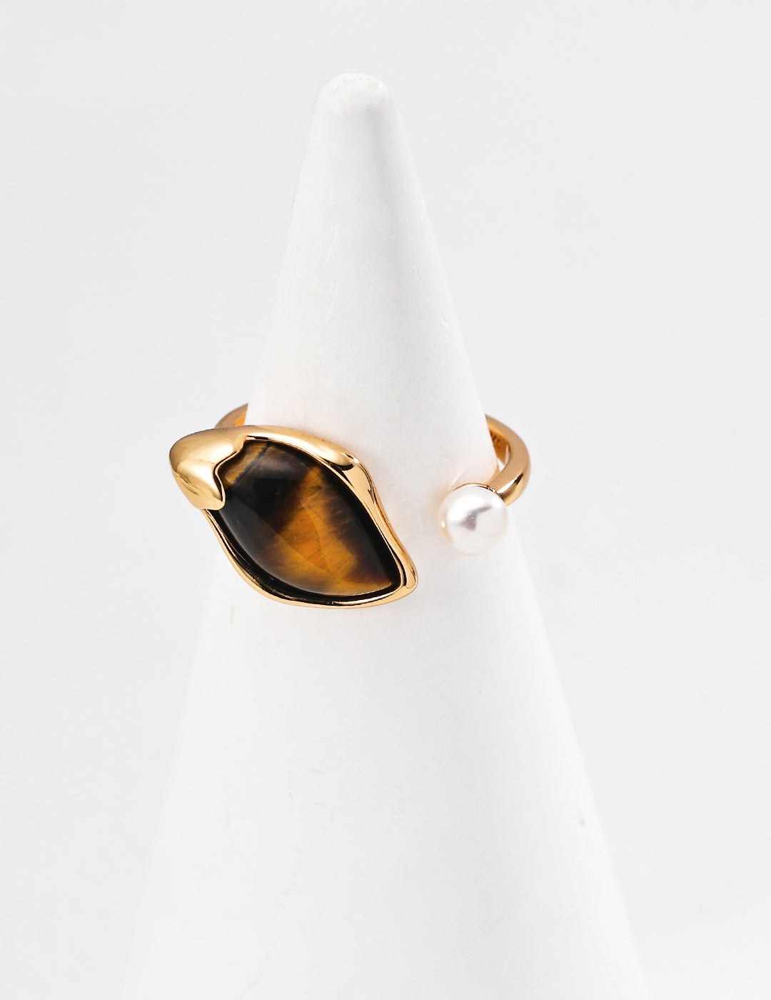 925 Silver Tiger Eye & Pearl Ring - Adjustable Retro gold