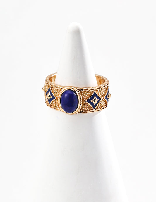 S925 Silver Vintage Blue Enamel Ring - Lapis Lazuli/Mother of Pearl Retro gold Sterling silver ring