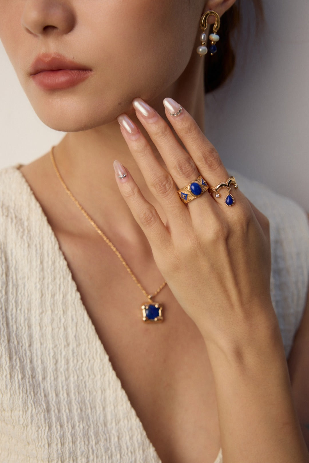 S925 Silver Vintage Blue Enamel Ring - Lapis Lazuli/Mother of Pearl