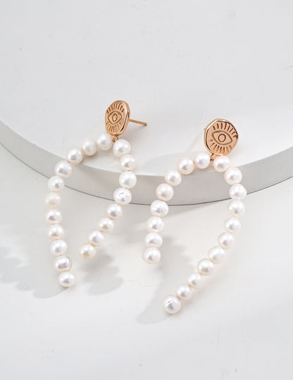 S925 Silver Vintage Gold Natural Pearl Earrings (Pair) Retro gold