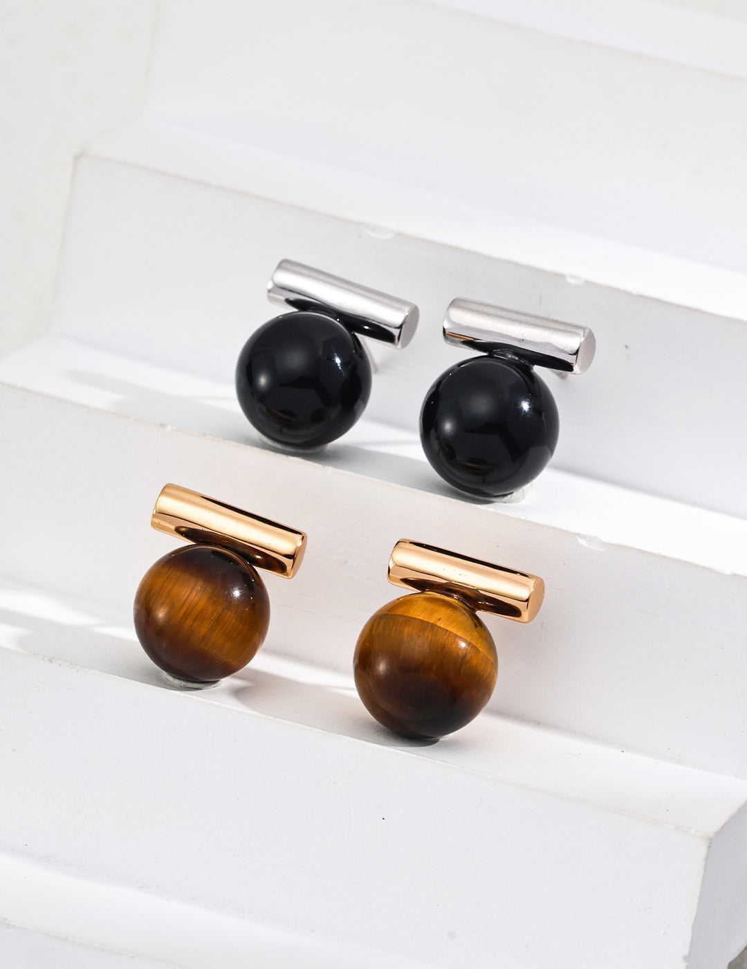 S925 Silver Natural Tiger Eye & Black Onyx Stud Earrings