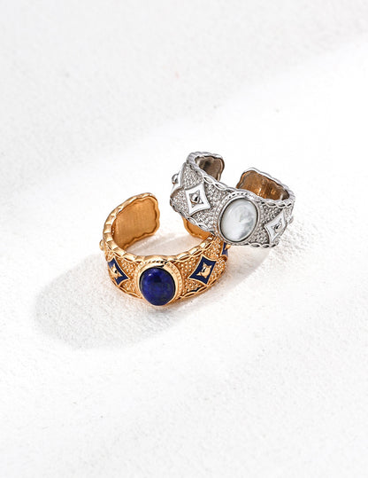 S925 Silver Vintage Blue Enamel Ring - Lapis Lazuli/Mother of Pearl