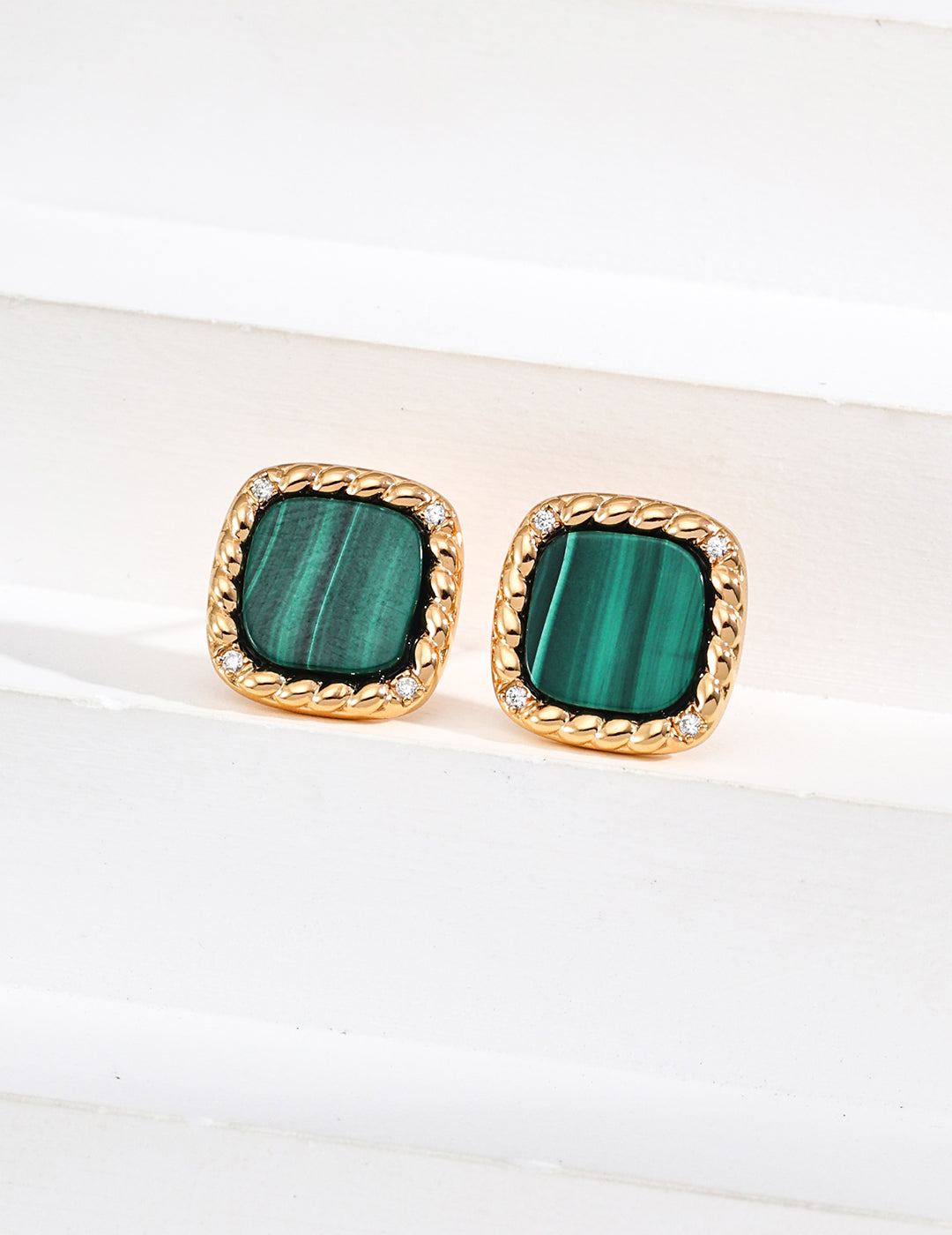 S925 Silver Minimalist Cubic Zirconia & Natural Malachite Earrings Dots