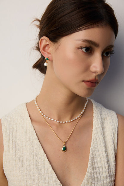 S925 Silver Natural Pearl & Malachite Earrings - Minimalist