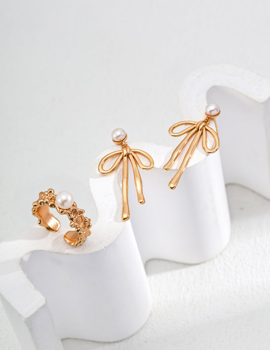 S925 Silver Natural Pearl Bow Earrings - Vintage Style