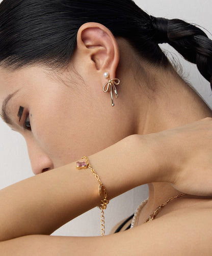 S925 Silver Natural Pearl Bow Earrings - Vintage Style