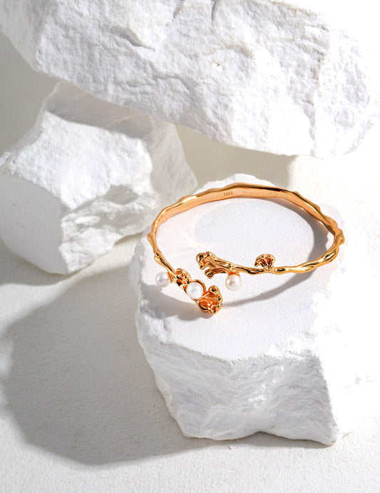 S925 Silver Pearl Bracelet - Ocean Wave Design (Adjustable) Retro gold