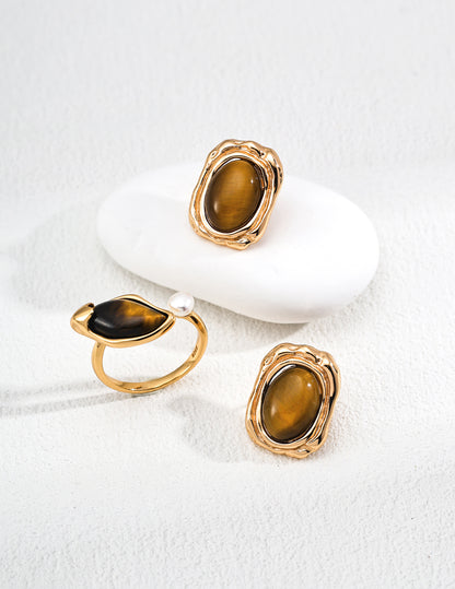 925 Silver Tiger Eye & Pearl Ring - Adjustable