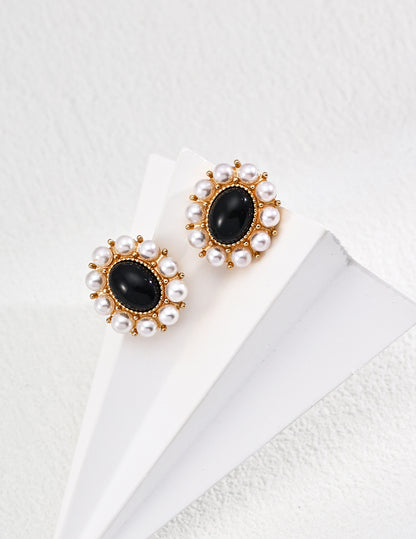 S925 Silver Designer Black Onyx & Faux Pearl Earrings Black