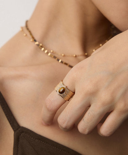 925 Silver Tiger Eye Ring - Wide Band (Non-Adjustable)