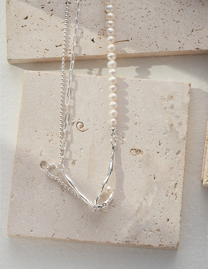 Sterling Silver Pearl Necklace - Withered Nest Series White gold
