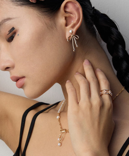 S925 Silver Natural Pearl Bow Earrings - Vintage Style