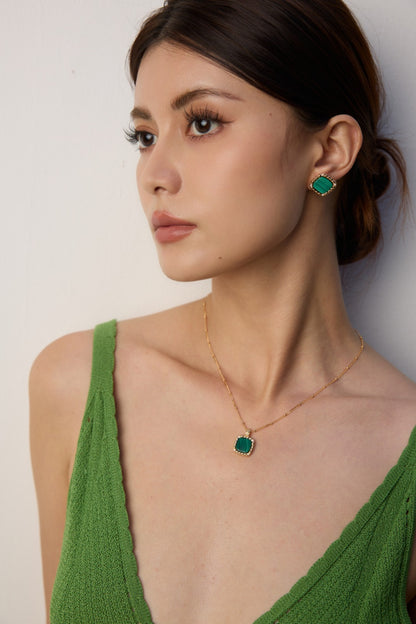 S925 Silver Minimalist Cubic Zirconia & Natural Malachite Earrings