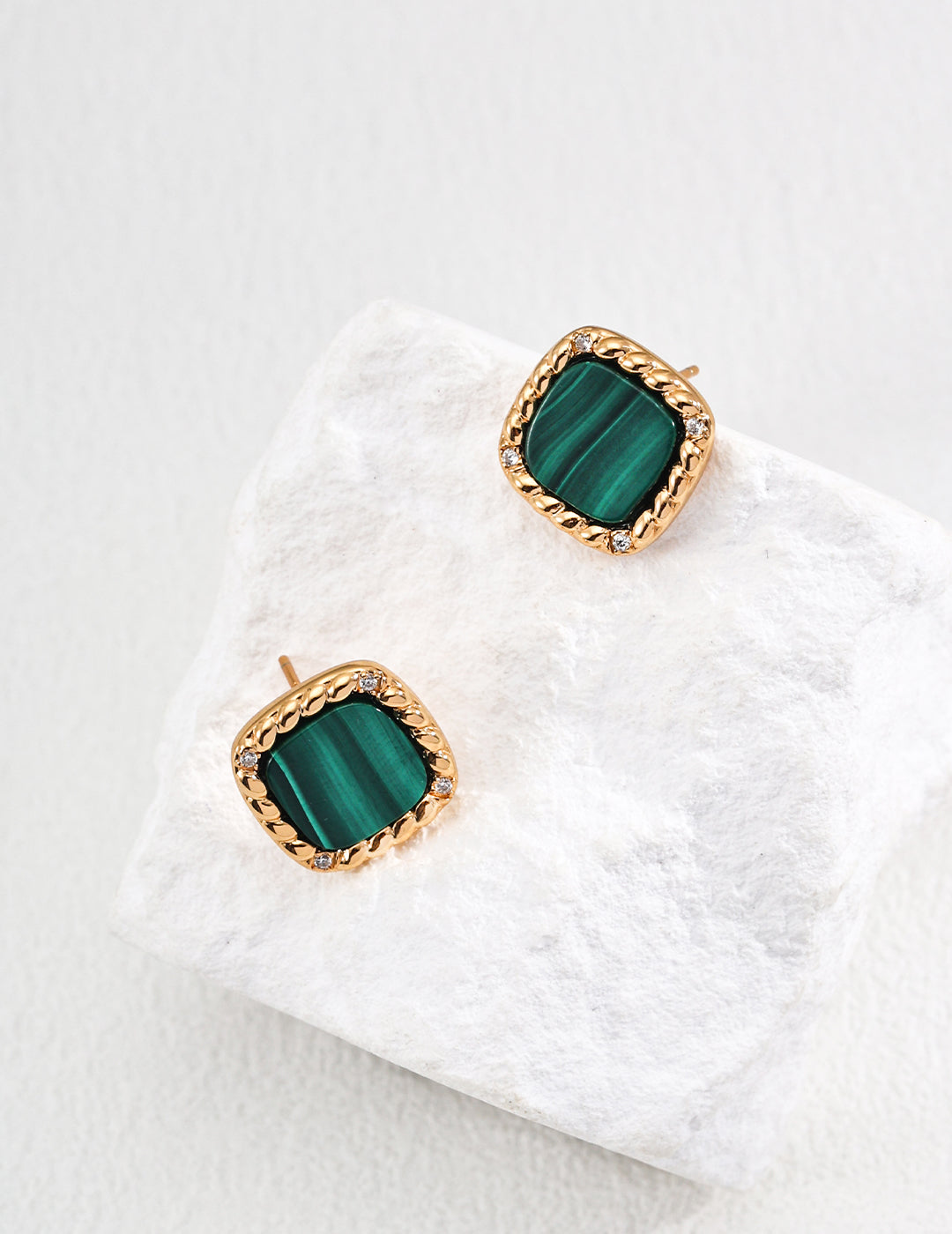 S925 Silver Minimalist Cubic Zirconia & Natural Malachite Earrings