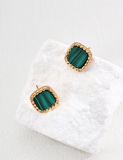 S925 Silver Minimalist Cubic Zirconia & Natural Malachite Earrings