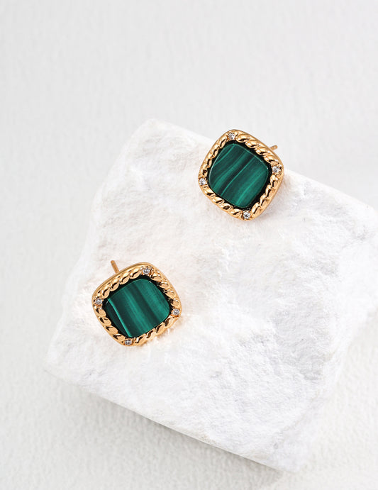 S925 Silver Minimalist Cubic Zirconia & Natural Malachite Earrings